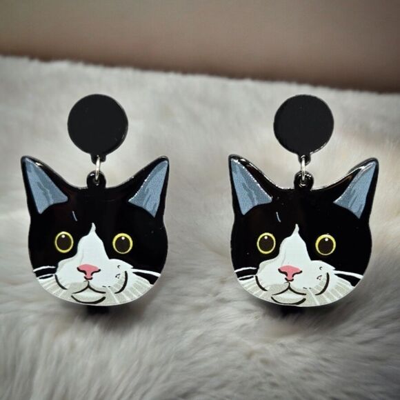 Large Black Tuxedo Cat 🐈‍⬛ Dangle Earrings Gothic Tuxie Kitty Cute Gift NEW Tux - Picture 1 of 5